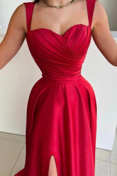 Vintage Long Red A-line Satin Pleated Sleeveless Prom Evening Dresses with Slit